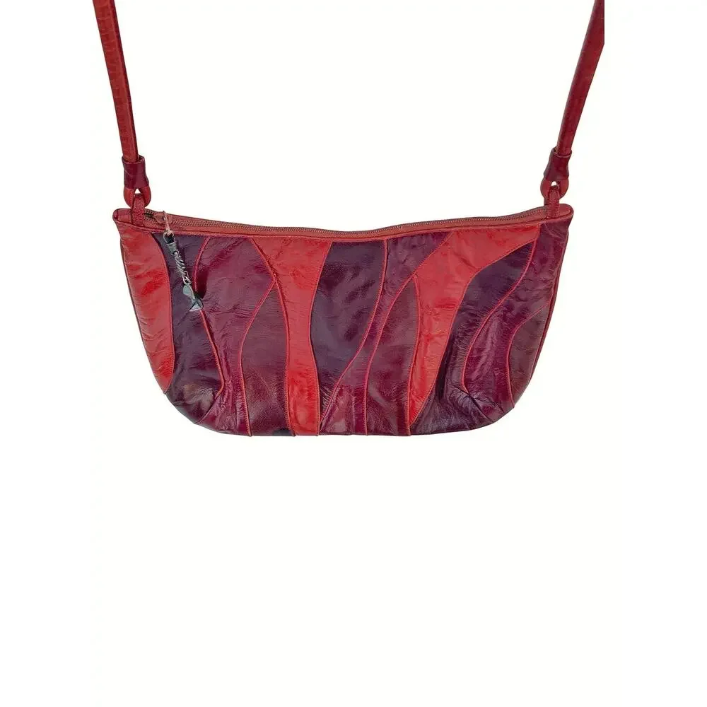 Vintage 1980s Maud Frizon Eel Skin Patchwork Crossbody Italy Red & Oxblood Purse